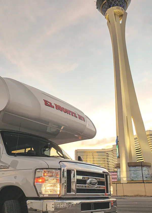 Front of an RV beneath the STRAT tower in Las Vegas.