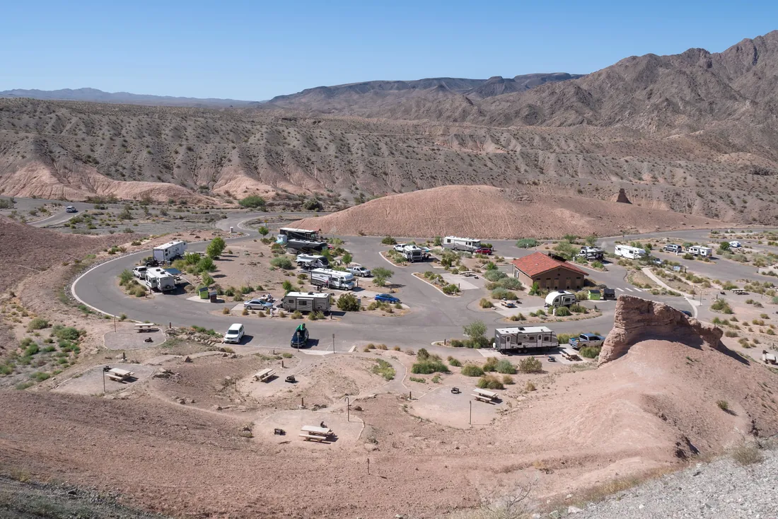 Aerial view of an RV campground loop in the desert hills at Willow Beach